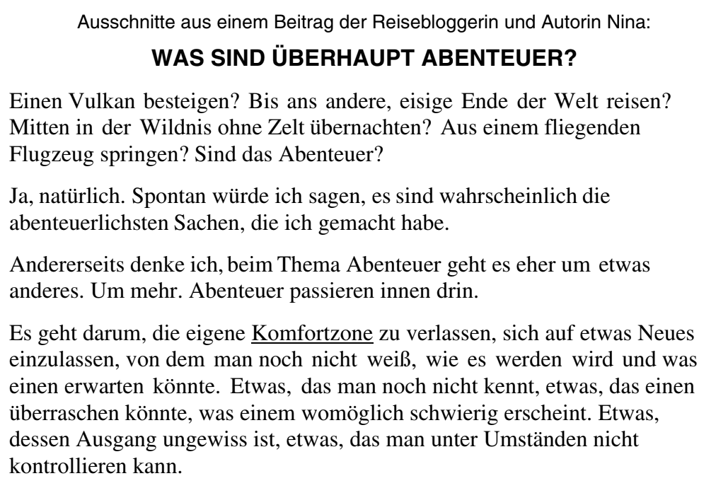Textausschnitt über Abenteuer und Komfortzone mit der Überschrift „Was sind überhaupt Abenteuer?“